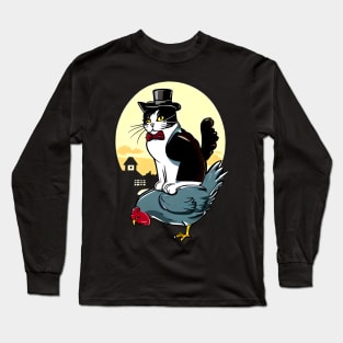 Tuxedo Cat on a Chicken Funny Long Sleeve T-Shirt